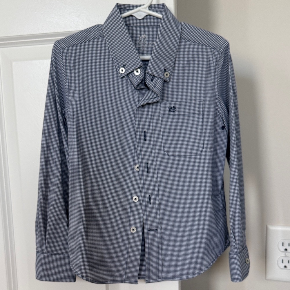 Southern Tide Boys size XS(4-5) navy checkered long sleeve button up polo